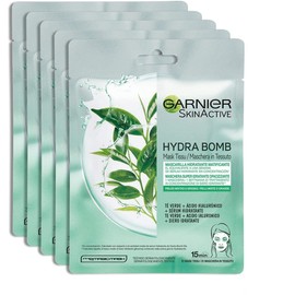 Garnier SkinActive, Hydra Bomb super-hydrating and mattifying sheet mask, For combination or oily skin, Green tea, Pack of 5