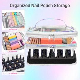 Beloving Nail Polish Organizer, Clear Double Tier Nail Storage Organizer Case Holds 30 Bottles, Portable PVC Nail Tech Bag with Dividers, Nail Polish Supplies Travel Case for Display