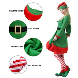 GSMFS 8 Pcs Elf Costume for Women with Elf Ears Bell Necklaces and Bell Bracelets Christmas Cosplay Costume Dress. (160cm)