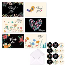 KEEHOM Thank You Cards Multipack of 12, Greeting Cards 15 * 10cm with Envelopes and Stickers, 6 Designs Blank Inside, for Teachers Birthdays Weddings Business Kids Family Friends (Flower and Bird)