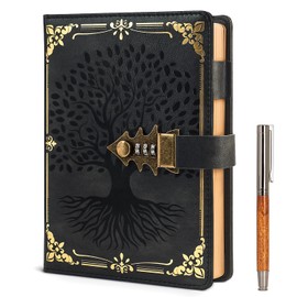WEMATE A5 Keyed Journal Notebook, Floral Pattern, Beautiful, Pinned, Notepad, Black