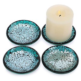 OwnMy Set of 4 Blue Mosaic Glass Candle Plates 4 Inch Pillar Candle Holder Plates, Glass Mosaic Candle Coasters Small Round Candle Trays Decorative Glass Pillar Candle Stands for Table Centerpieces