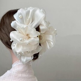 HAPVITAL Ruffled Ribbon Hair Claw Large Large Cute Hair Clip Adult Hair Accessory Set Hair Clip Hair Accessory Clip Banana Clip Hair Ornament Korean Style Office Gift Women's Stylish (White Pearl)