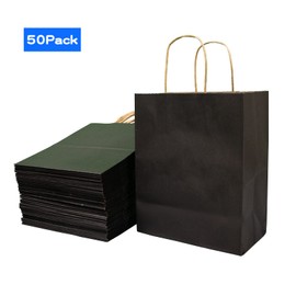 FACEBAG 50 PCS Black Paper Bags with Handles Bulk, 8x4.25x10.5 Inches,Medium-sized Gift Bags for Party Favors，Take-Out，Grocery Shopping & Retail,Christmas,weddings,Reusable & Durable