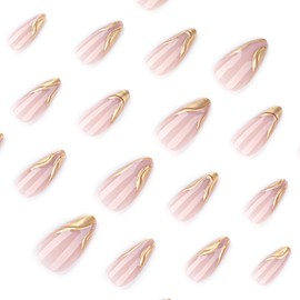 Press On Nails, Short Almond Ballet Duck Fake Nails, Cute Flower Stick on nails, Glue on Nails on 24PCs (Gold Foil French)