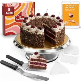 Professional turntable cake (set) - 30 cm aluminium cake turntable with non-slip base including 2 angled pallets and 3 stainless steel dough scrapers | sturdy rotating cake plate with cake