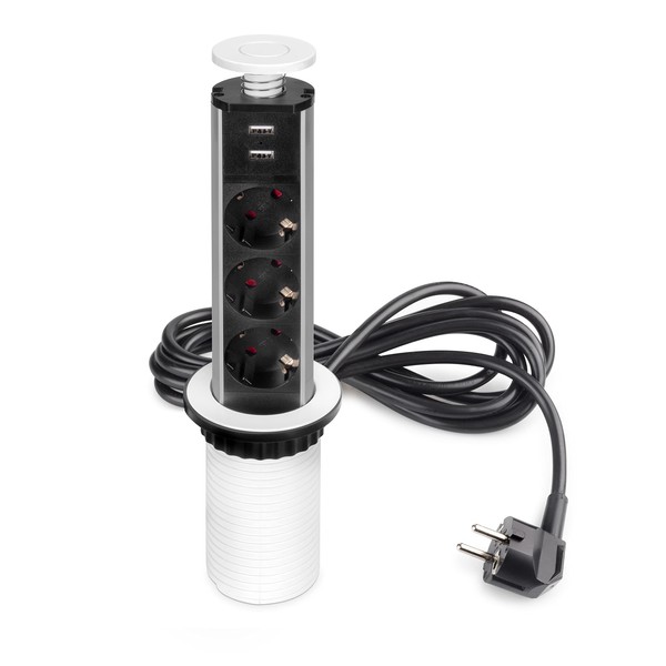 Emuca - Retractable Power Strip with 3 EU Schucko Sockets