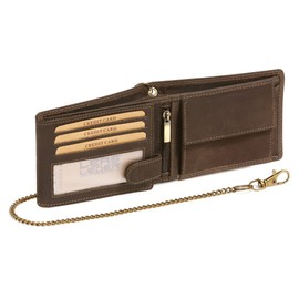 LEAS Biker wallet in landscape format with brass chain MCL in vintage style in genuine leather, brown Chain-Series, brown, closed