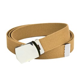Hold’Em Military Canvas Webbing Belts for MEN’S–Polished Silver Slider Buckle Heavy Duty Adjustable -Tan
