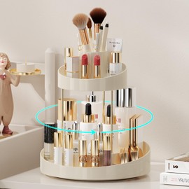 INVSSENE 2 Tiers Rotating Makeup Organizer, Large Makeup Organizer for Vanity, Countertop Storage Shelf for Cosmetics, Skincare, Makeup Brush - Warm White