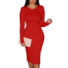 XXTAXN Women's Sexy Bodycon Long Sleeve Round Neck Work Office Midi Pencil Dress Red