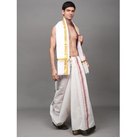 Exotic India Bright White Pure Cotton Angavastram for Men Traditional Indian Stole with Exquisite Golden Thread Work Border