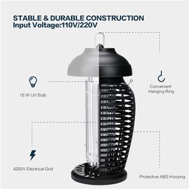 PERANNU Lámpara Antimosquitos, 4000V 18W Mata Mosquitos Electrico, Exterminador de Mosquitos, Mata Moscas para Interiores Patio Trasero, Jardín, Patio, Exteriores, Color Negro