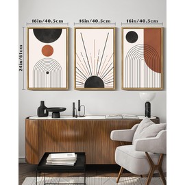 PHOPAGO Boho Wall Art Minimalist Bohemain Framed Wall Printing Large 16x24in Abstract Canvas Prints Decor with Sun & Black Lines - Natural Framed