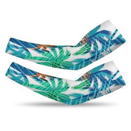 Xmkltbz 1 Pair Cooling Arm Sleeves, Unisex Warmer Spandex Sports Cover Uv Sun Protection for Cycling Golf Running M Print Turquoise Orange Blue Tropical Summer Palm Tree Leaves on White