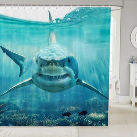 Feelyou Shark Shower Curtain for Stalls Bathtubs 3D Shark Fish Bathroom Shower Curtain Set Ocean Marine Theme Bath Curtain Room Decor Wild Animal in The Sea Waterproof Bathroom Curtains 72x72 Inch