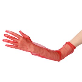 Aniler Women's 21'' Tulle Long Wedding Bridal Elbow Length Sheer Opera Party Gloves, Red