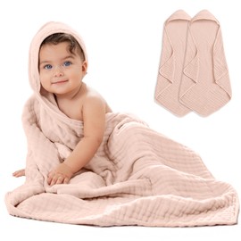 Comfy Cubs Hooded Baby Towel 2-Pack, Large 32 x 32 Inch - 6 Layer 100% Muslin Cotton for Babies, Toddlers and Kids - Soft & Absorbent Baby Bath Towels - Unisex Design for Bath Time - Blush