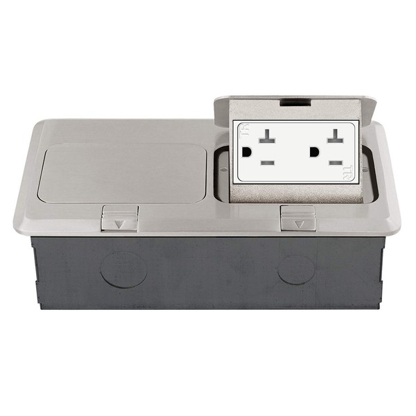 ENERLITES - 662301-S-STICKERED Dual Pop-Up Floor Box Kit, 8.68” X 4.75” Cover, 20A Tamper-Weather Resistant Receptacle Outlets, Watertight Gasket, Corrosive Resistant Hardware, 962301-S, Nickel Plated Brass, 2 Gang, Model: 662301-S