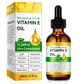 Natural Vitamin E Oil for Skin, 75,000 IU Ultra Concentrated Vitamin E Oil for Face, Hair and Scars, Moisturizing Dry Skin Oils, Promotes Skin Elasticity, 2Fl Oz