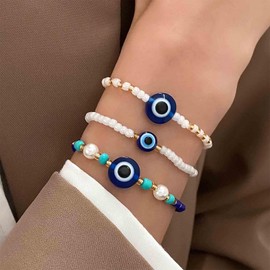 Allereya Punk Turkish Eye Bracelet Elastic Bead Bracelets Layered Pearl Chain Bracelet Evil Eye Stretch Bracelet Blue Pearl Bracelet Pearl Chain Hand Bracelet Jewellery for Women, Zinc