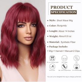 Esmee Short Wave Red Bob Wigs With Fringe Shoulder Length Burgundy Wig Curly Wavy Synthetic Cosplay Wigs for Women 14 Inches