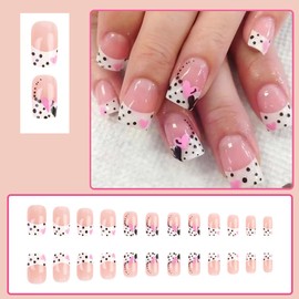 24Pcs Valentines Day Press on Nails Short French Tip Fake Nails Heart Press ons with Black Wave Point Design Acrylic Nails Valentines Glue on Nails Nude Pink False Nails Cute Stick on Nails for Women