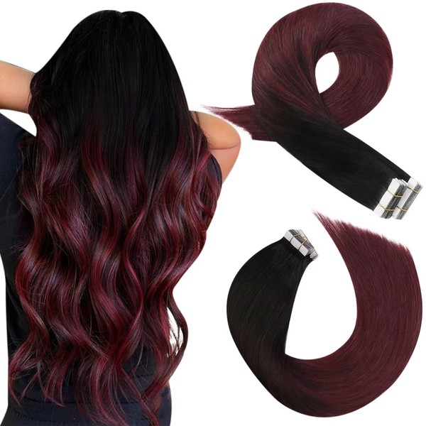 Moresoo Tape in Extensions Ombre Burgundy Hair Extensions Real Human Hair Tape in Balayage Off Black to Black with Wine Red Seamless Tape in Human Hair Extensions 22 Inch #1B/99J 20pcs 50g