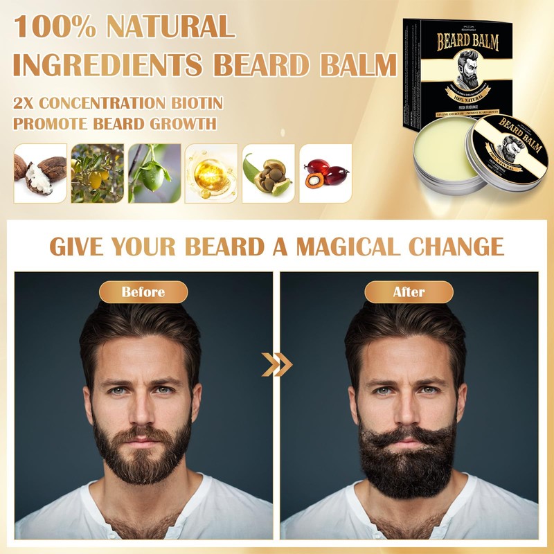 Beard Balm for Men, 100% Natural with Shea Butter, Argan