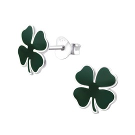 Bungsa Stud Earrings Green Four Leaf Clover 925 Sterling Silver, Silver, No Gemstone