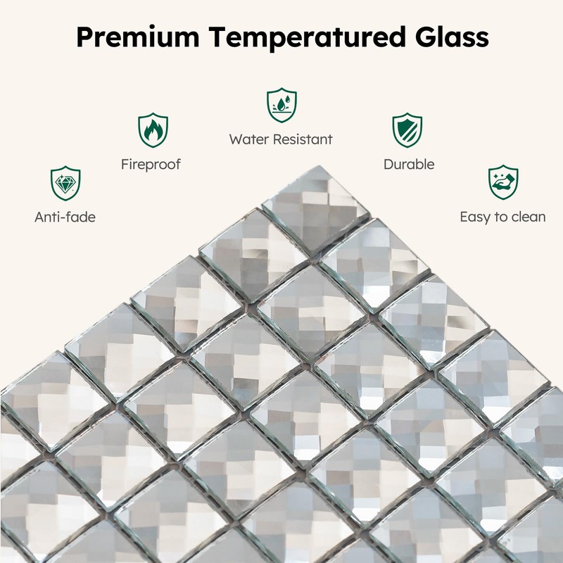 Diflart Mirror Backsplash, 3/4 Inch Silver Square, Crystal Diamond Mirror