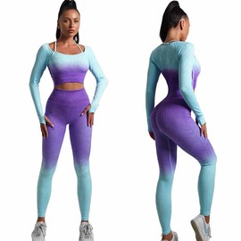CORPOAMOR Women's Fitness Clothing Gym Outfit and Yoga Workout Set Crop Top and High Waisted Leggings Ombre Gradient 2 Piece Set (Purple/Blue, Large)