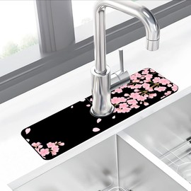 Dish Drying Mat for Kitchen Sink Romantic Cherry Blossoms plash Guard Behind Faucet Sink Mat Absorbent Fast Drying Faucet Draining Mat for Bathroom Kitchen 5.5”×15”