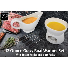 Zenvy Gravy Boat Set | 12 Ounce Ceramic White Gravy Dish Set With Candle Warmer Stand, Butter/Dip Dish, And Appertizer Forks