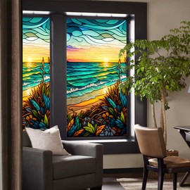 Privacy Window Film Colorful Seaside Sunset Stained Glass Window Film Decorative Frosted Window Cling Non-Adhesive Static Cling for Window & Glass Door