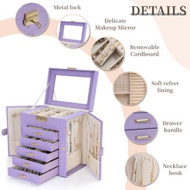 TORIBIO Large Jewelry Box for Women, Leather Jewelry Organizer with Mirror & Lock, 6-Tier Jewelry Storage Case for Girls/Women/Mothers, Necklace Earring Bracelets Holder Organizer