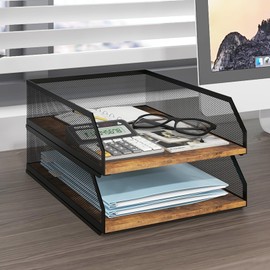 Natwind 2-Tier Stackable Paper Tray, Metal Mesh Desktop Organizer, Wood Board Paper Sorter, Letter Trays,File Document Storage Rack for for Home, Office, School (Retro)