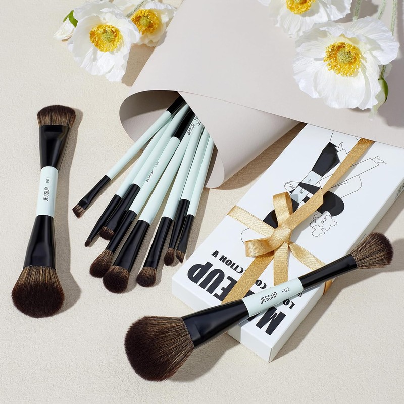 Jessup Set 10 Brochas para Maquillaje Doble Punta para Rostro