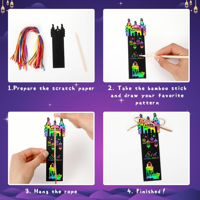 JUNEBRUSHS 30Pcs Ramadan Crafts, Rainbow Magic Ramadan Scratch Bookmarks for