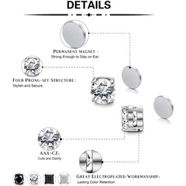SIISPRI 4 Pairs Stainless Steel Magnetic Stud Earrings for Men Women Non Piercing Clip on CZ Earrings 6MM (4 Pairs a Set,6MMBlack + Silver) (black + silver)