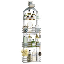 Orimade 4 Tier Adjustable Anti-slip Shower Caddy over Shower Head,Rustproof Bathroom Hanging shower Organizer with 4 Hooks for Razor,No Drilling Shower shelves Storage Rack,Silver