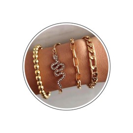 Wendalern Punk Layered Cuban Link Bracelet Gold Pearl Chain Bracelet Vintage Snake Rhinestone Bracelets Multilayer Paper Clip Link Bracelets Jewellery for Women and Girls