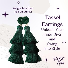 Vine Gems Green Earrings for Women, Forest Green Tassel Earrings for Women, Green Dangle Earrings for Women, Colorful Layered Tassle 3 Tier Bohemian Style, Forest Green