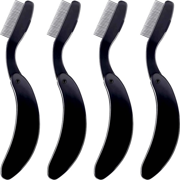 TecUnite 4 Packs Folding Eyelash Comb, Stainless Steel Teeth Eyebrow Comb Lash and Brow Makeup Brush (Black)