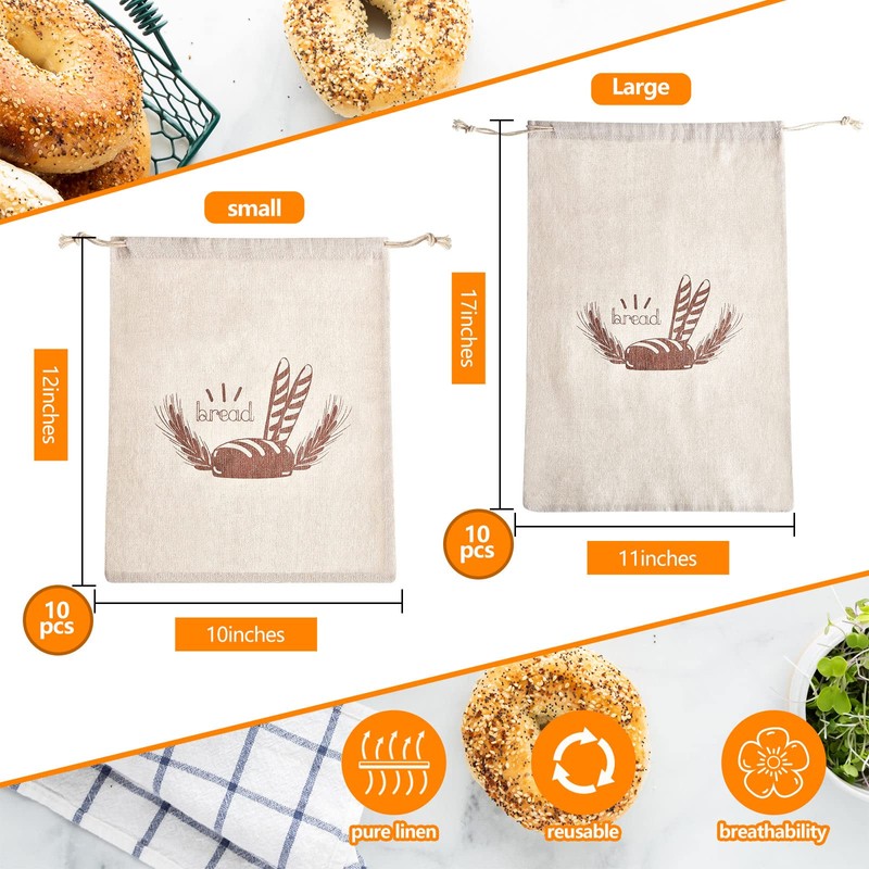 20 Pcs Linen Bread Bag Reusable Homemade Bread Container Drawstring