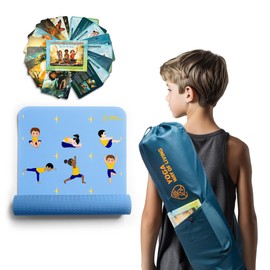 MindfulKids Yoga SET - Premium Eco Friendly MAT & BAG - Non Toxic, Durable & CARDS - for Creativity, Focus, imagination, Relaxation (BLUE)