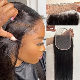 Hxxcoup Lace Closure Human Hair Closure Straight Lace Closure 4X4 Black Hair with Baby Hair Bleached Knots Natural Remy Soft Swiss Nno Smell No Tangle 28 Inch
