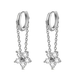 Liaya Dangle Hoop Earrings for Women Teen Girls, Spike Star Moon Pearl Sun Flower Heart Cross Chain Gold Huggie Tiny Drop Dangling Earrings, 925 Sterling Silver Hypoallergenic Fashion Jewelry Gift (flower chain silver)