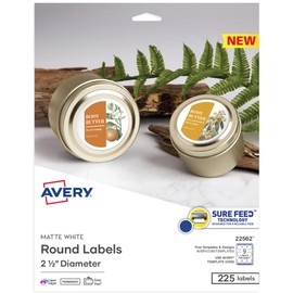Avery® Printable Labels With Sure Feed®, 22562, Round, 2.5" Diameter, Matte White, 225 Customizable Labels