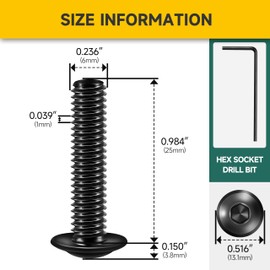 Mywish M6 x 25mm 25Pcs Flange Button Head Hex Socket Cap Screws Bolts, 304 Stainless Steel Furniture M6x1.0 Bolts Full Thread, Black Oxide & Hex Spanner